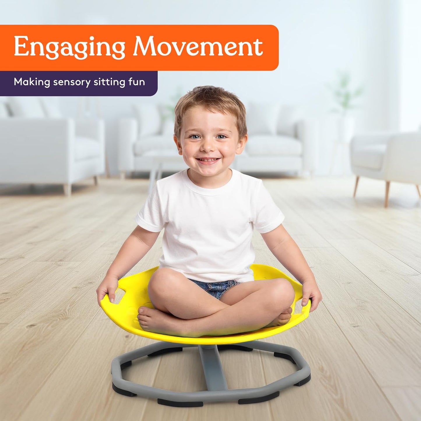 Yellow kids sensory spin chair with gray base, child sitting on the textured seat.