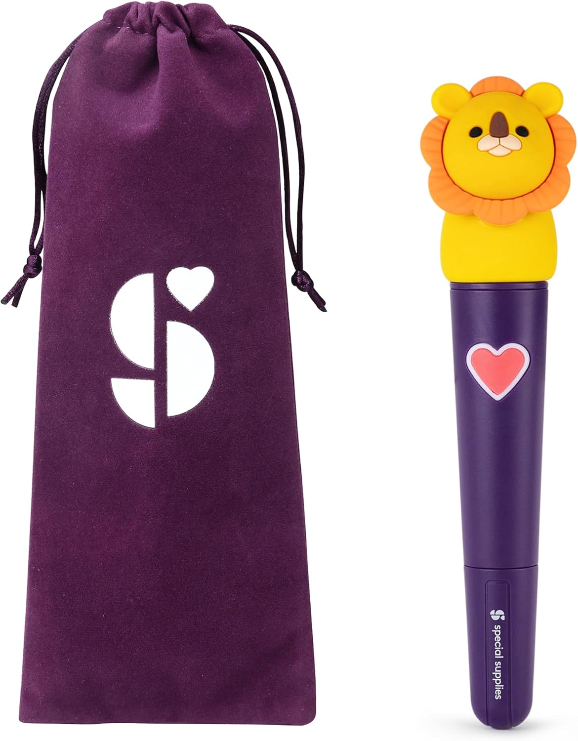 Oral motor stimulation kit with purple drawstring pouch and lion-headed vibrating tool
