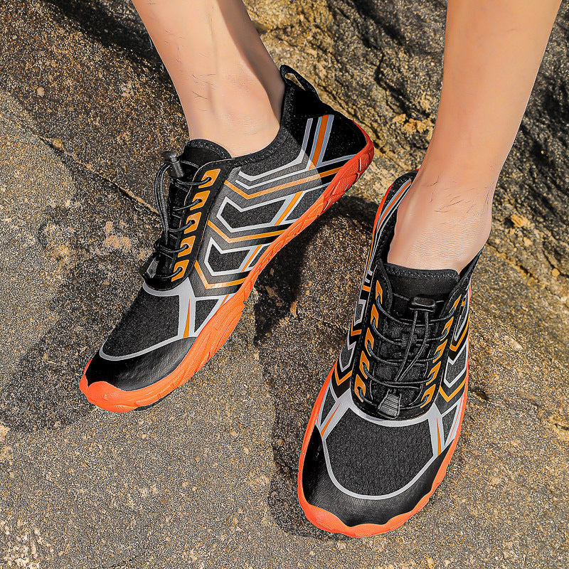 Men and women travel leisure shoes, black mesh with white zigzag stripes and orange sole