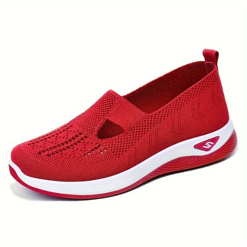 Women's mesh slip-on casual shoes, red knit upper with white sole