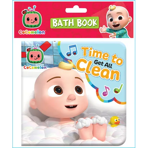 Cocomelon bath book cover: baby in bubbles, “Time to Get All Clean”