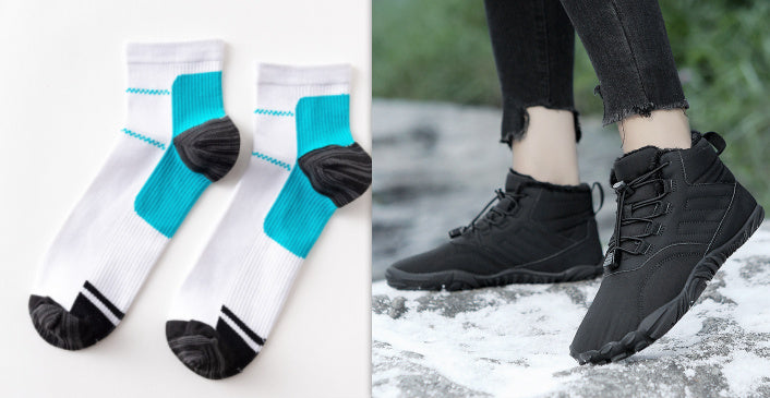 Black winter slip-on boots with crew socks, lace-up upper and thick tread sole.