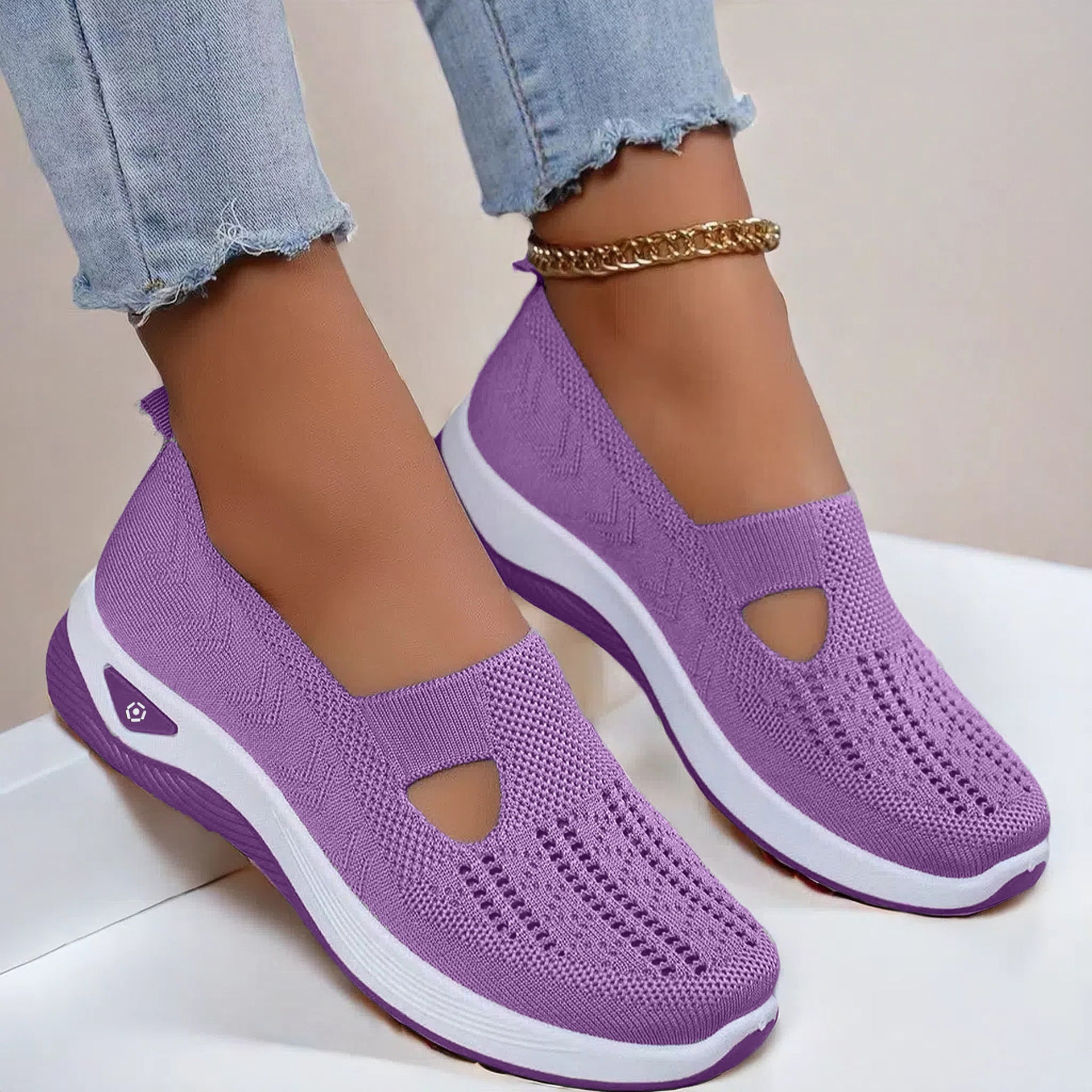 Purple knit mesh flats with oval cutout and white sole, slip-on casual shoes