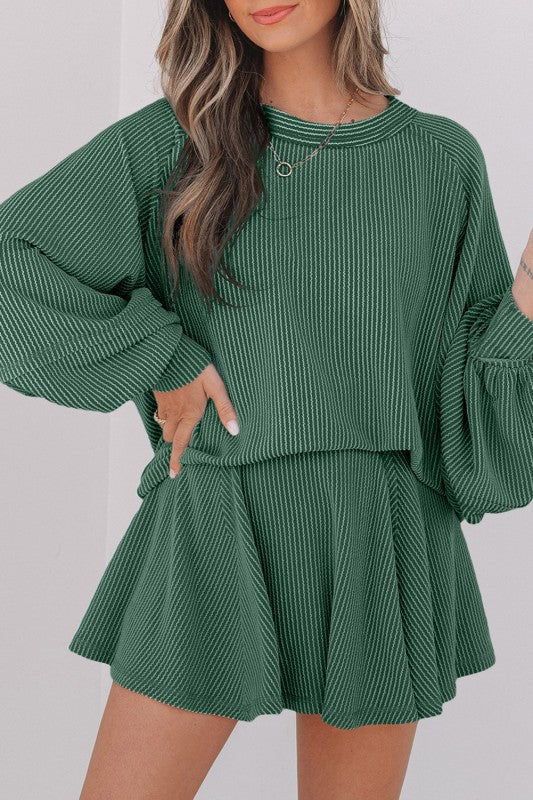 Mist green corded top and ruffle mini skirt set, long sleeves, round neck