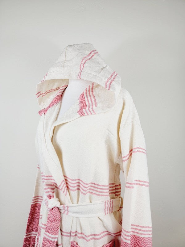 Unisex hooded robe, close back view, striped hood and waist tie