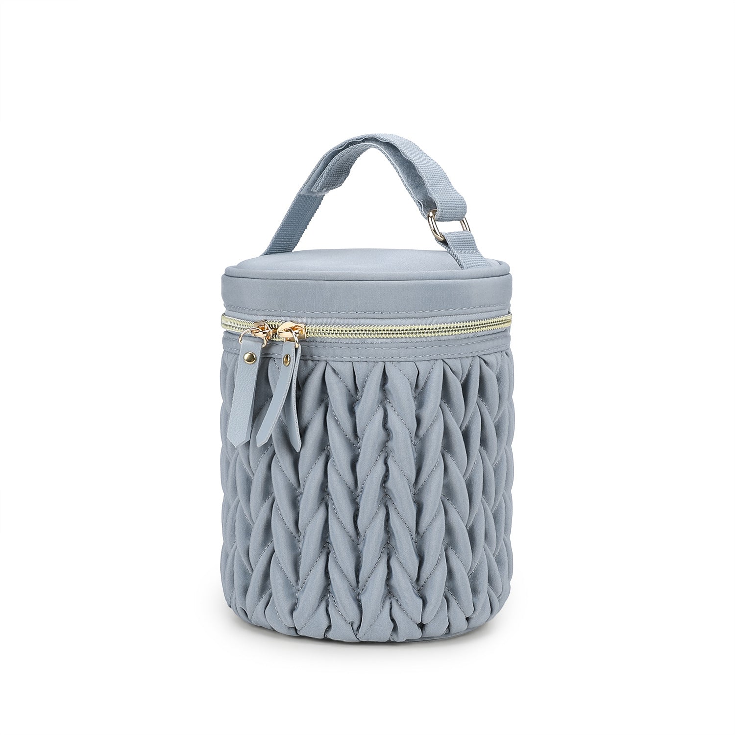 Blue insulated baby bottle bag with carry handle, ruched sides, and gold-tone zipper