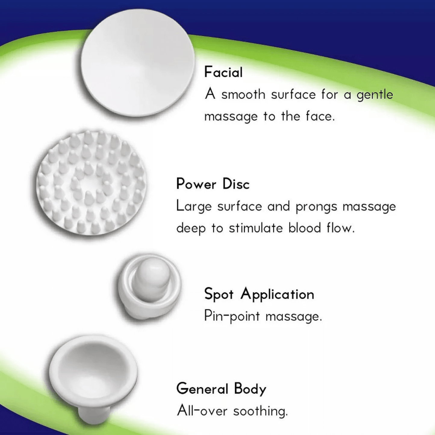 Wahl massage attachments set: facial disc, power disc, spot, and general body tool