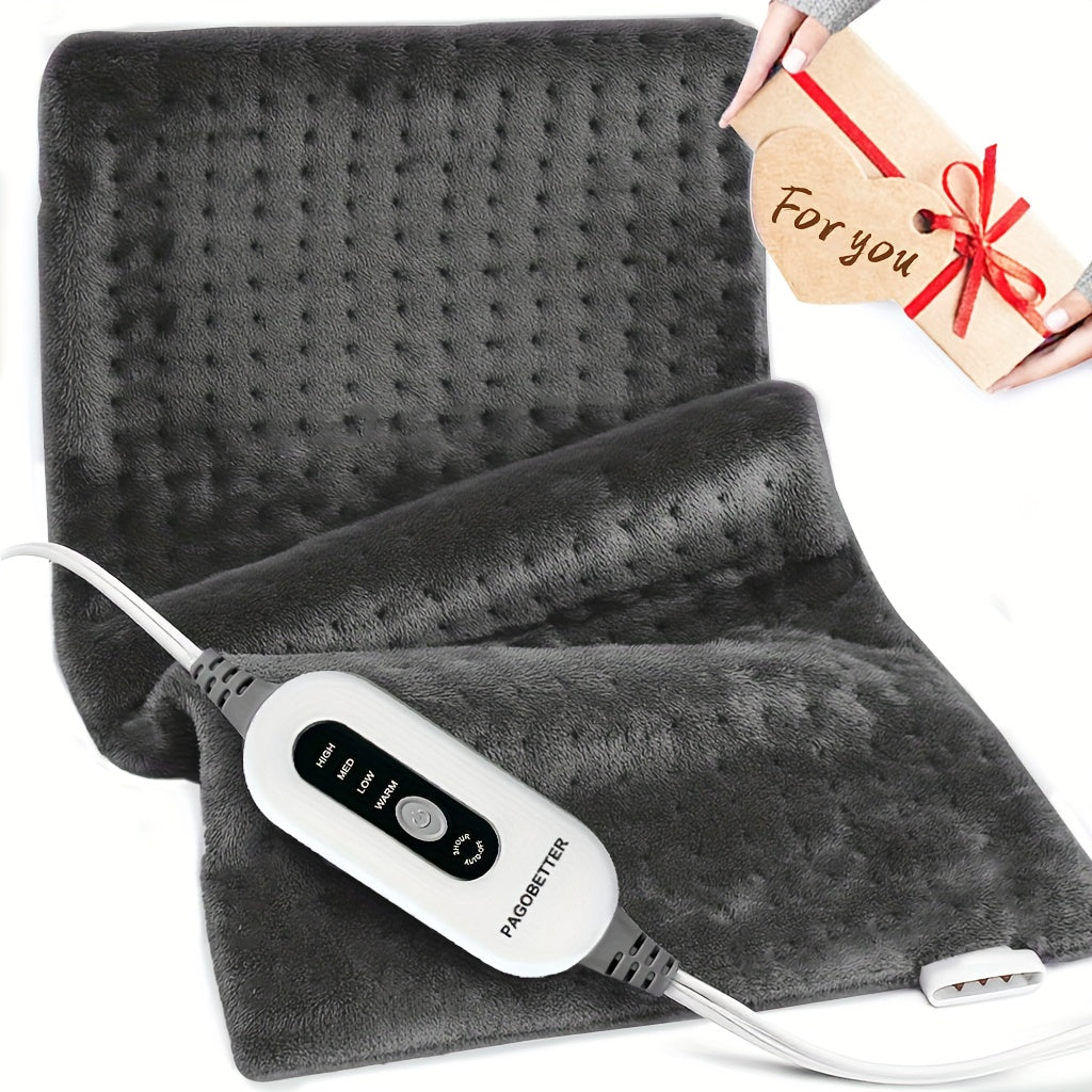 Dark gray electric heating pad with controller and cable, plush dotted texture