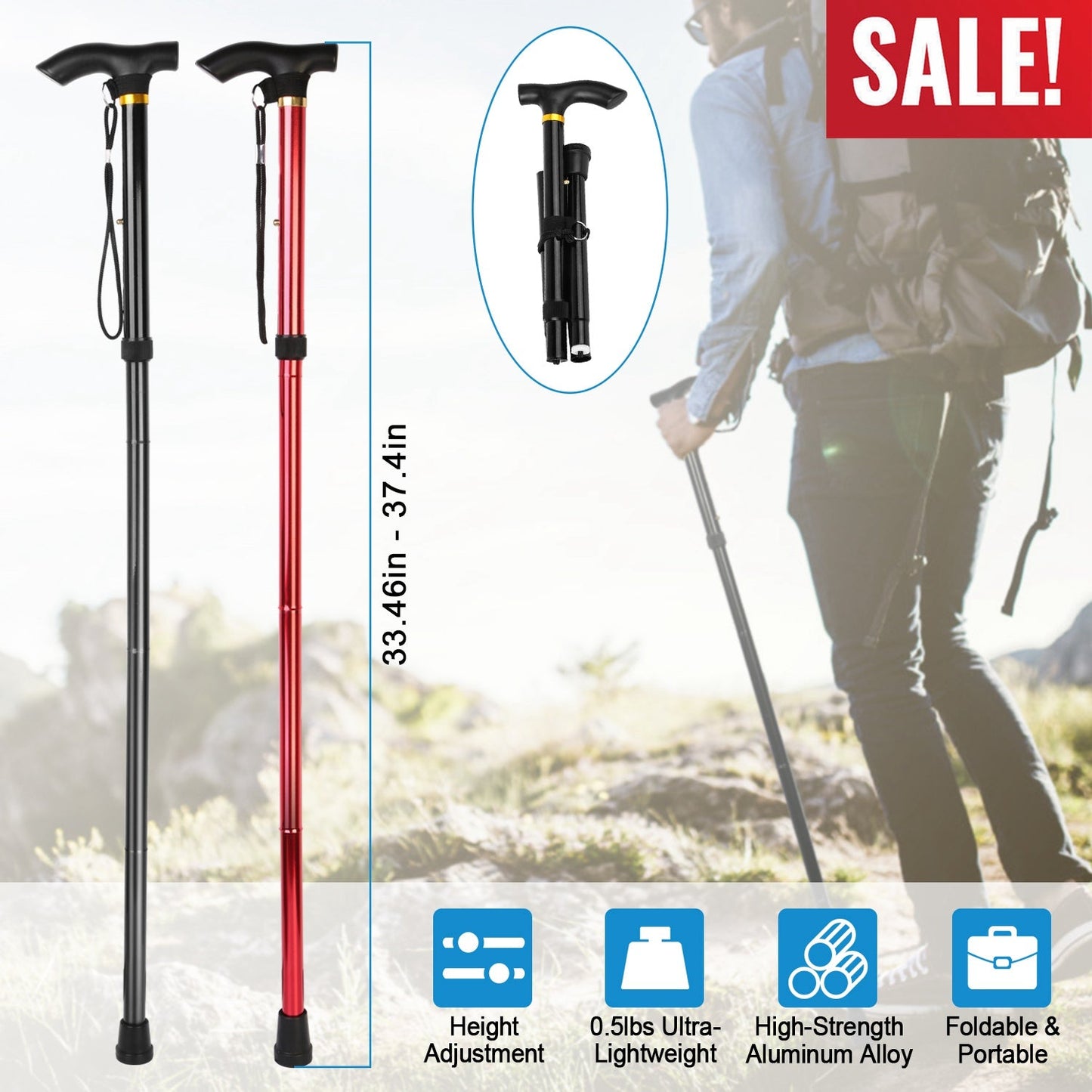 Red and black adjustable folding walking sticks with anti-slip rubber tips