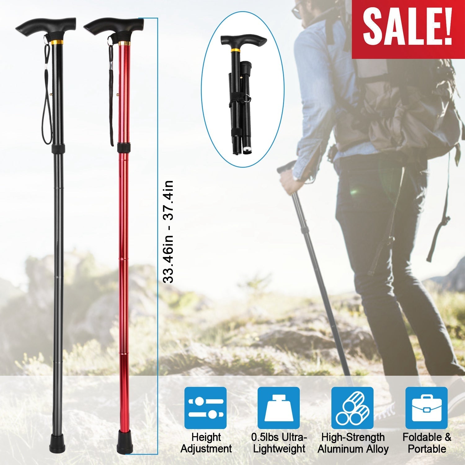 Red and black adjustable folding walking sticks with anti-slip rubber tips