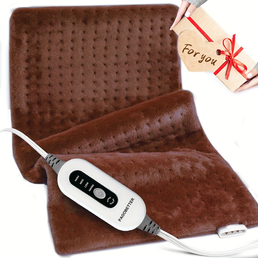 Brown electric heating pad with controller module on plush blanket, soft dotted pattern