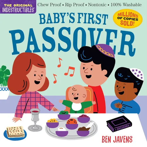 Children's Passover book cover with Baby's First Passover title and family at seder table