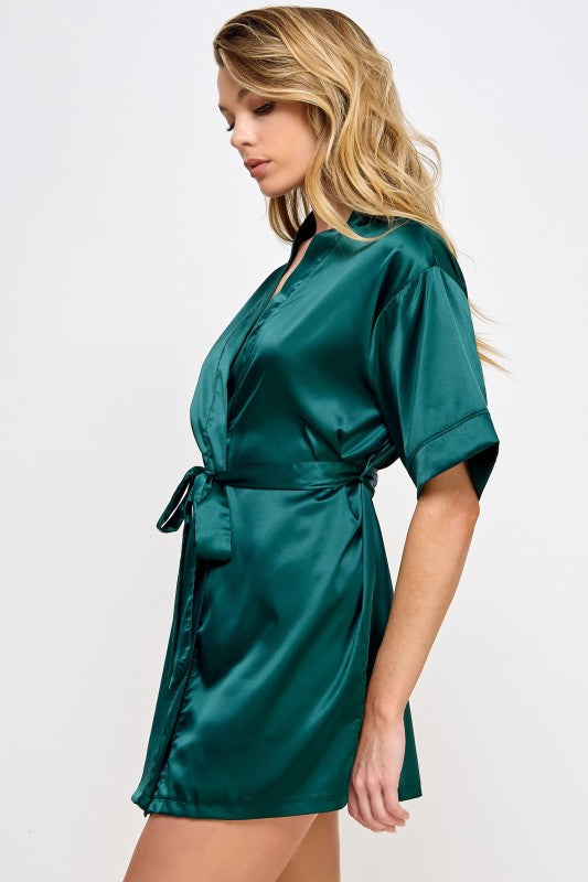 1947 Getting Ready robe, forest green satin side view with tie belt, short kimono sleeves