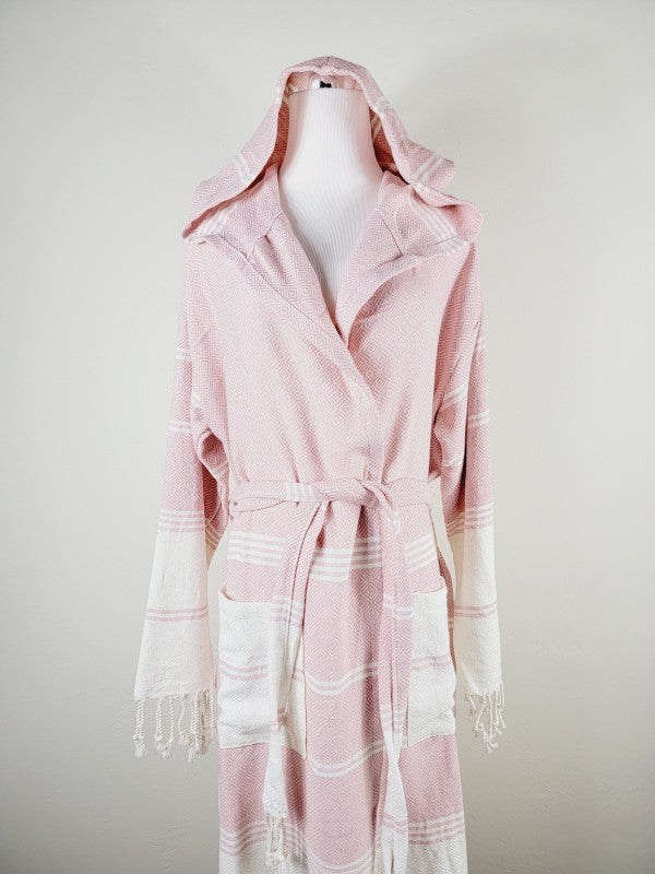 Pink robe with hood and shawl collar; long sleeves, tie waist belt, striped hem