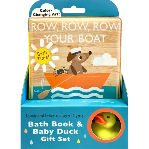Bath book and baby duck gift set in colorful box, rubber duck in round window
