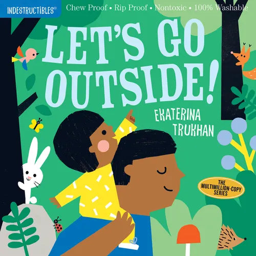 Green illustrated baby board book cover with "Let's Go Outside!" and children characters
