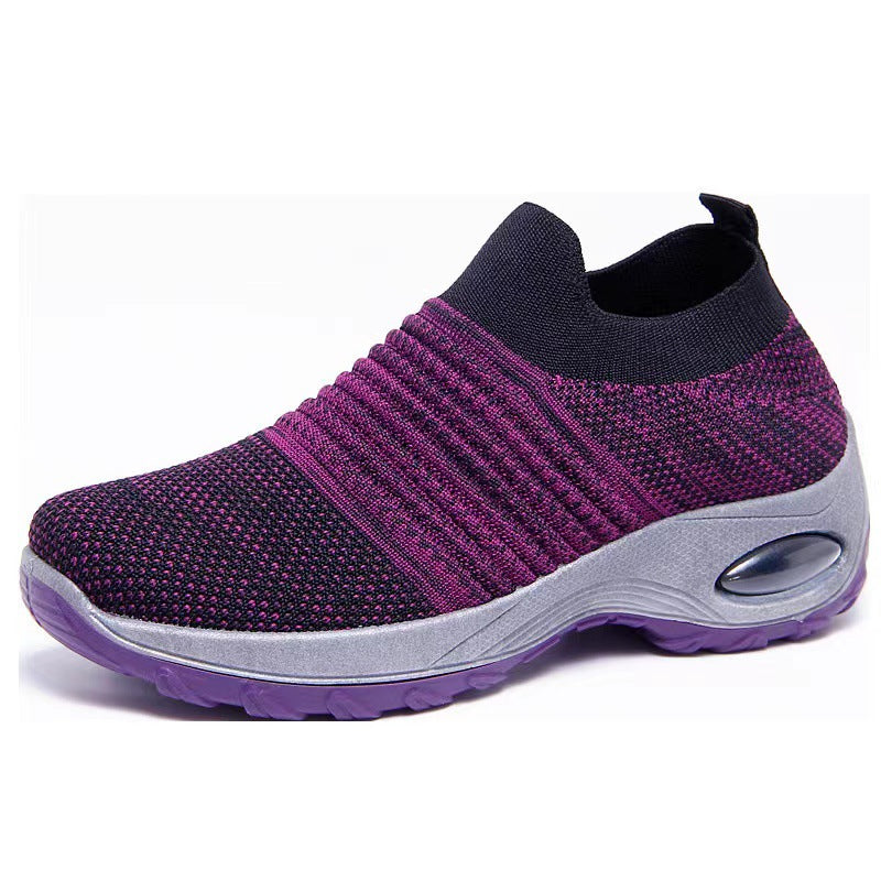 Purple knit slip-on sneakers with purple sole edge and air-cushion window