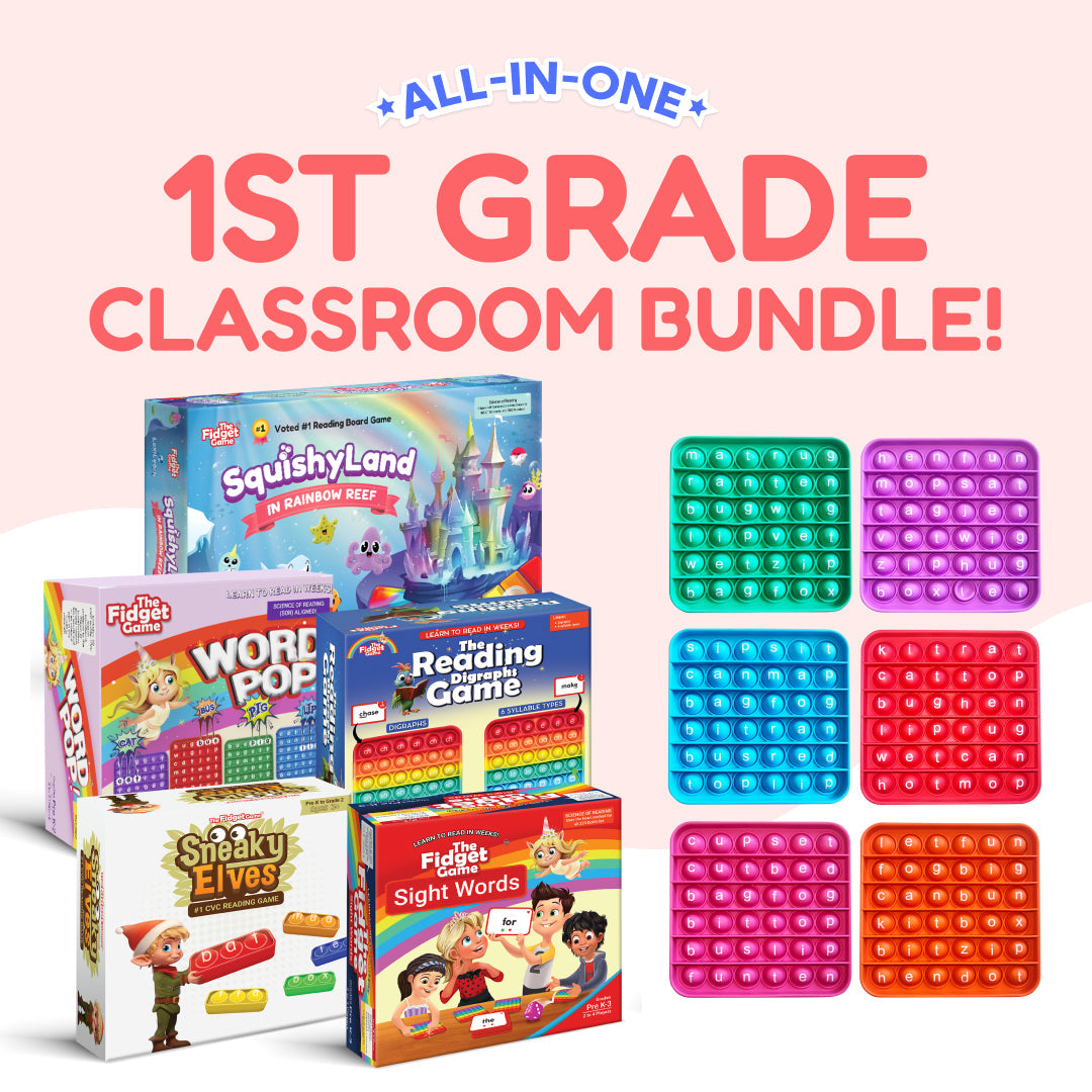 Classroom bundle with several boxed reading games and colorful pop-bubble fidget tiles
