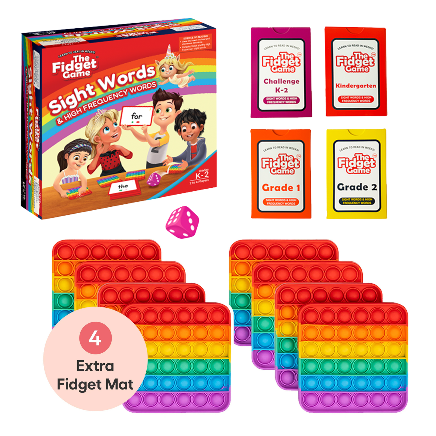 Sight words game box with four colorful rainbow pop-it fidget mats and grade cards