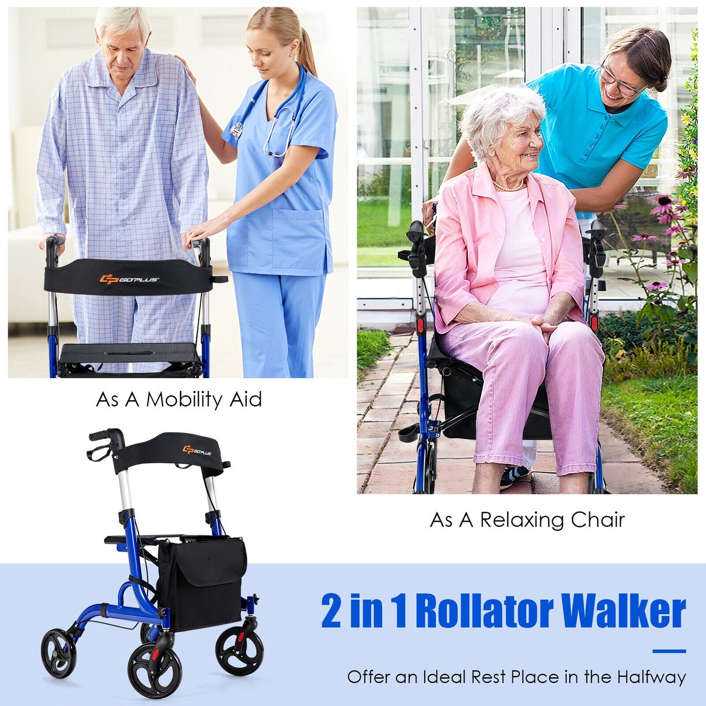 Collage of a rollator walker being used as a mobility aid and a relaxing chair, with text indicating it's a 2-in-1 product.