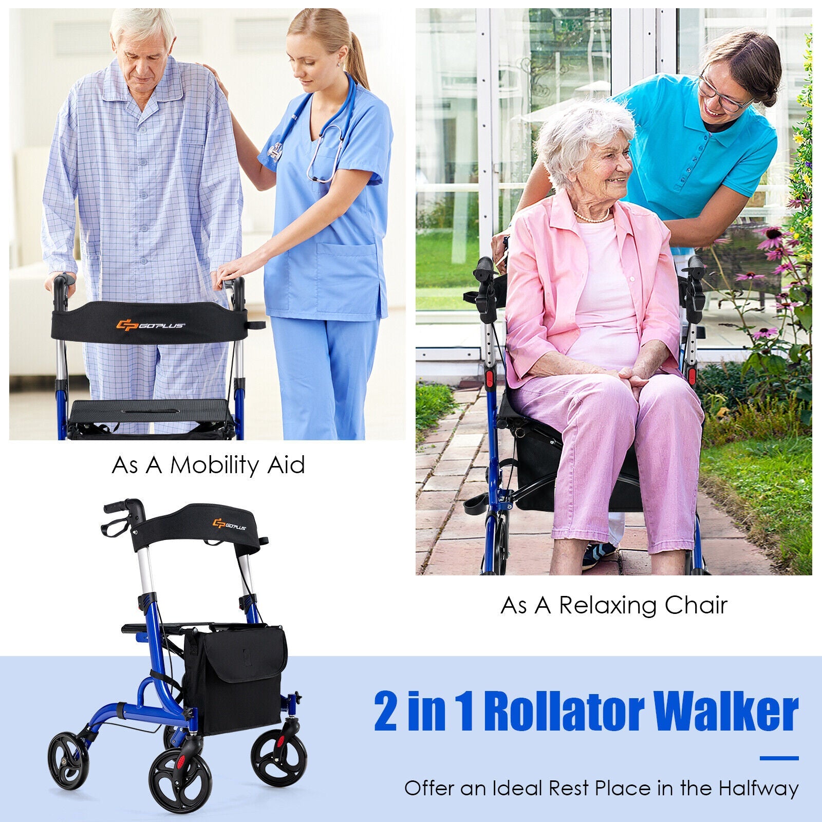 Collage of a rollator walker being used as a mobility aid and a relaxing chair, with text indicating it's a 2-in-1 product.