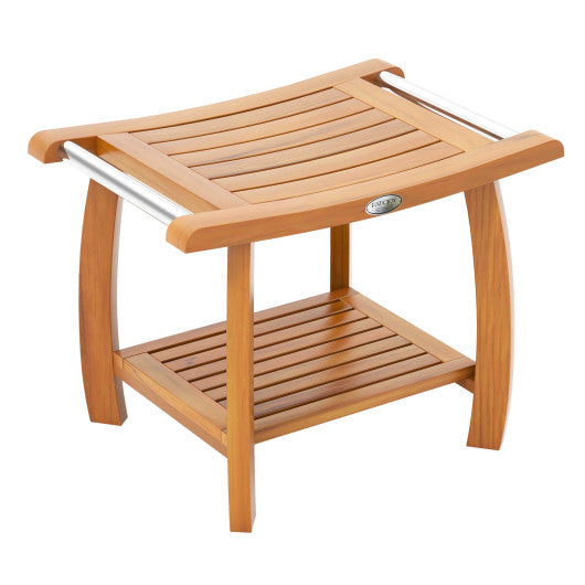 Wooden stool with metal handle on a white background