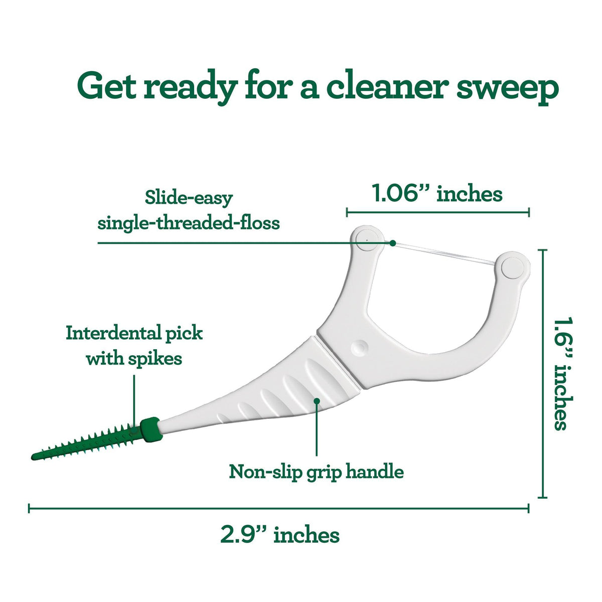 2-in-1 dental floss pick with white handle, green grip, and interdental spike tips