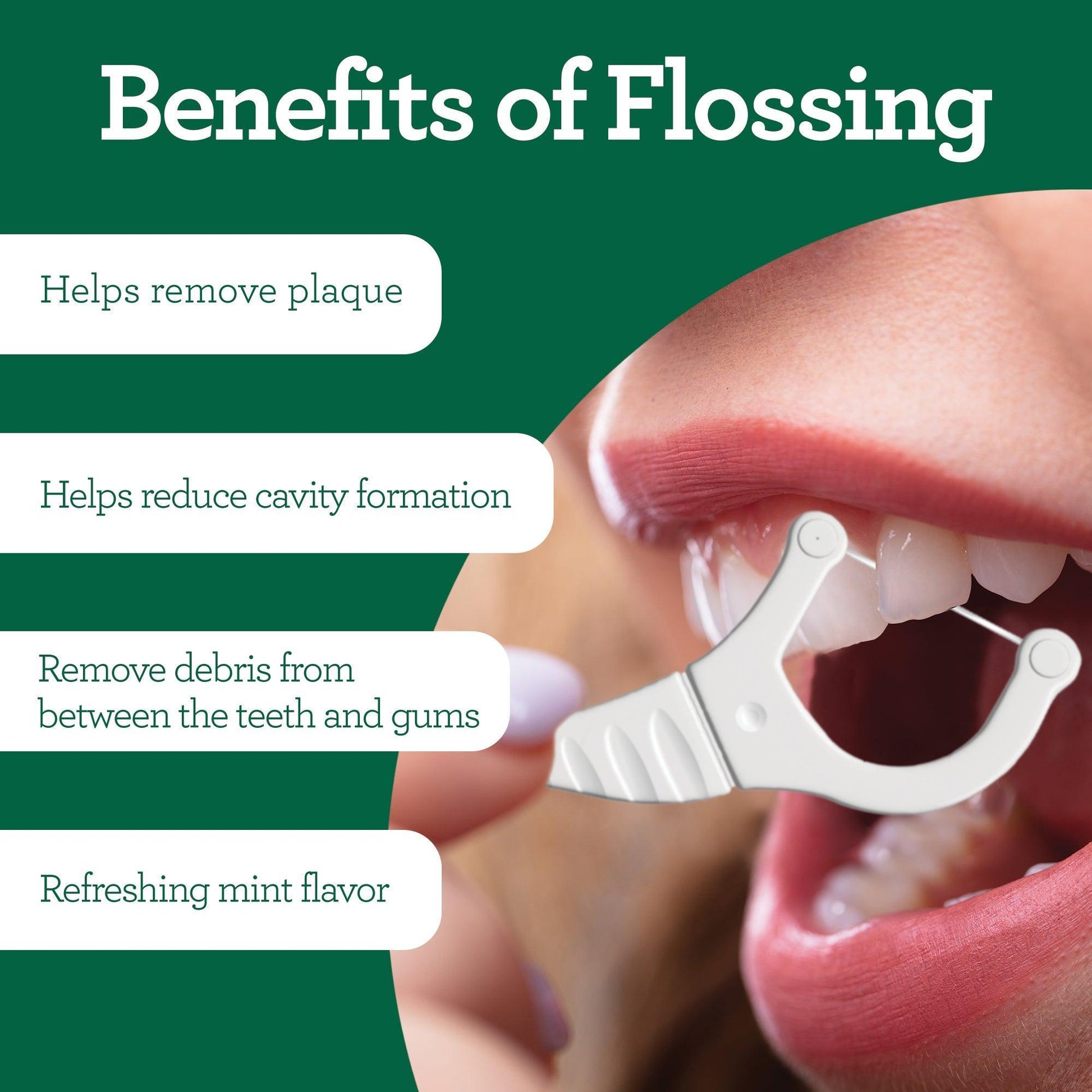2-in-1 floss pick near teeth and gums with visible minty freshness theme