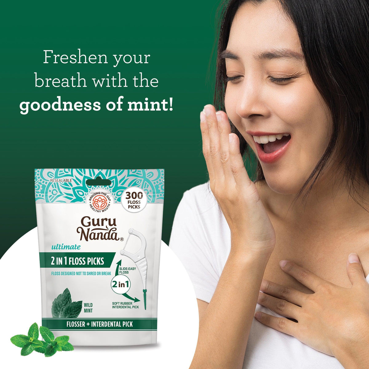 Woman using a 2-in-1 floss pick at her mouth with Guru Nanda bag nearby
