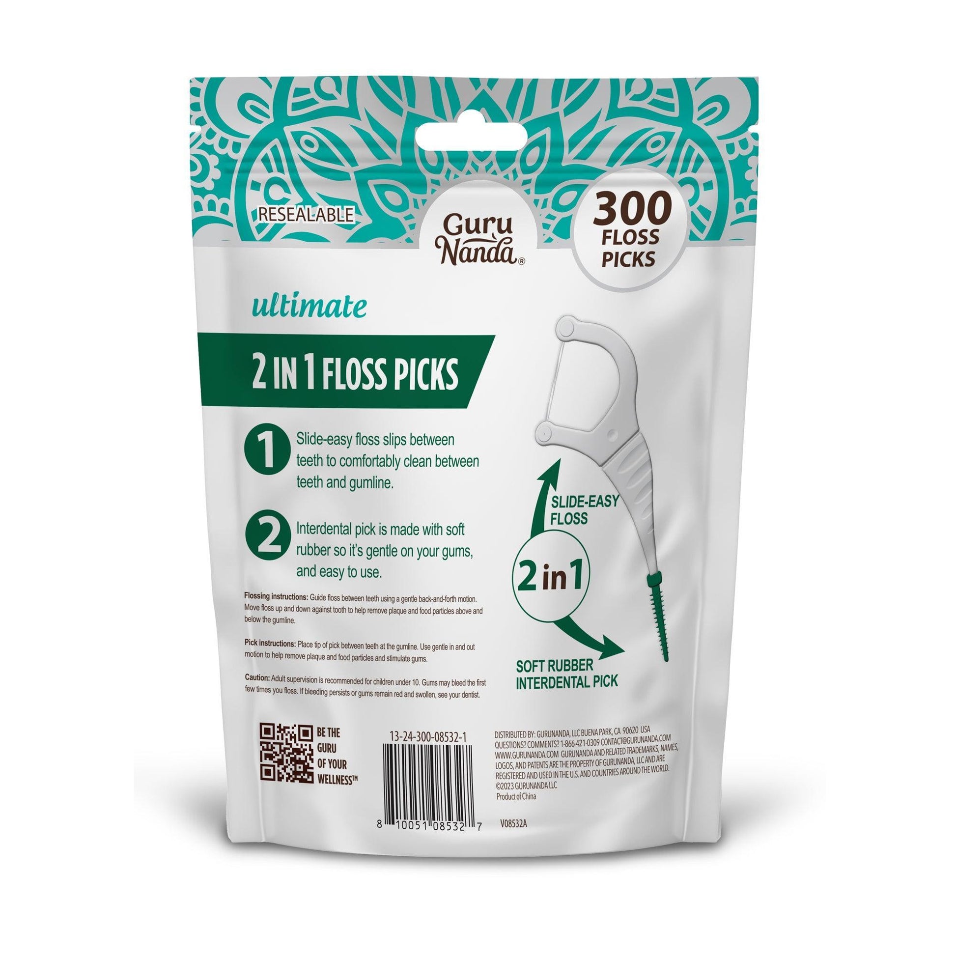 Guru Nanda ultimate 2-in-1 dental floss picks bag with hanging top and green detail