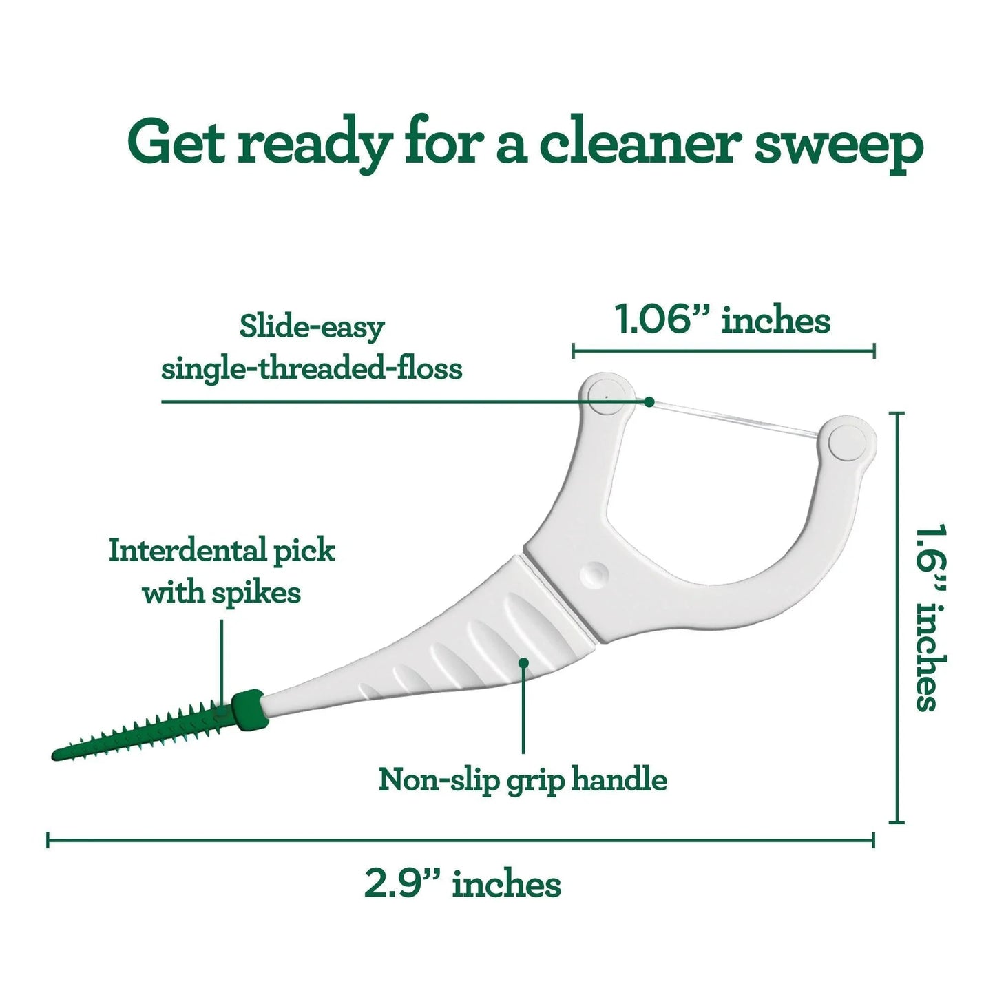 2-in-1 dental floss pick tool with white curved head and green non-slip grip