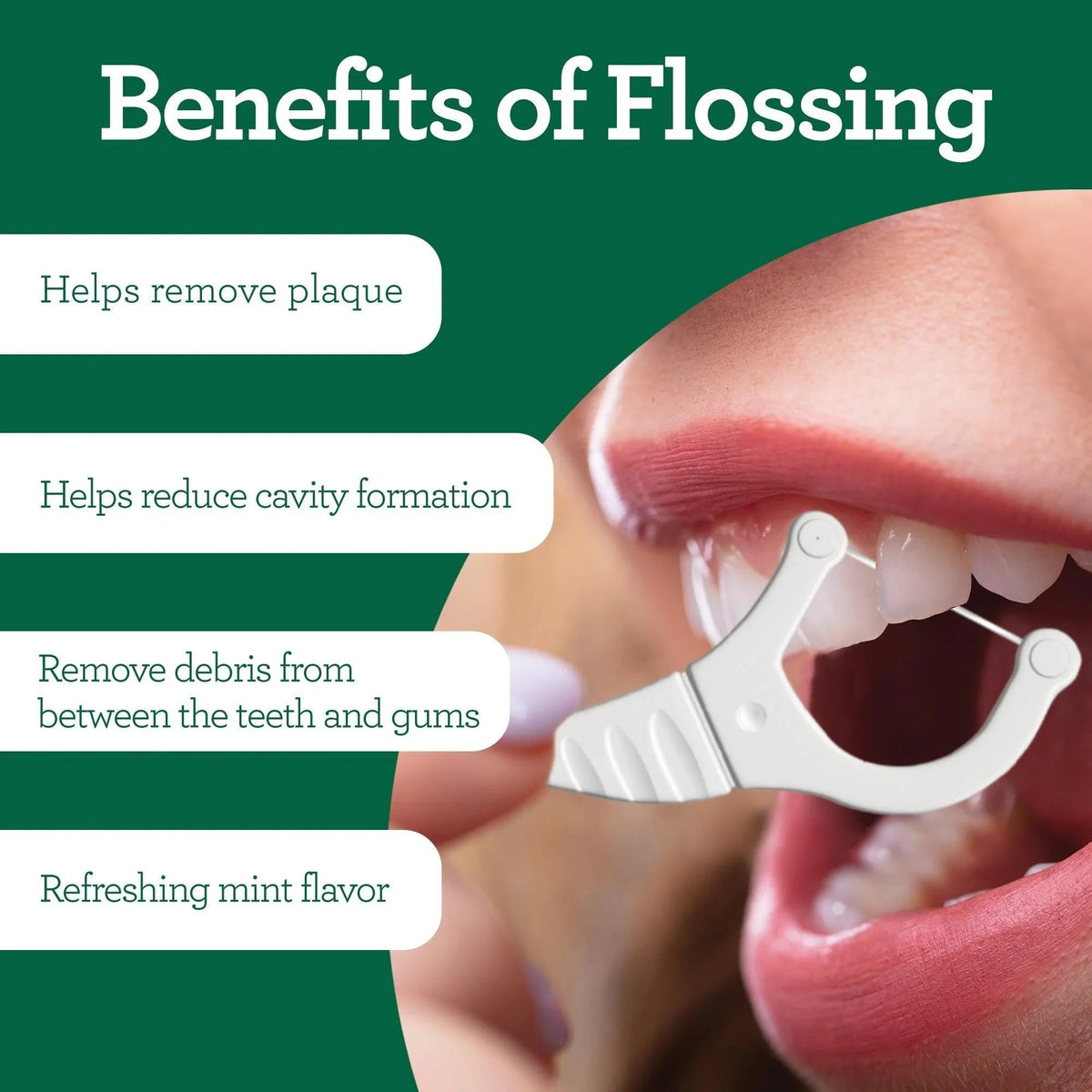 Floss pick between teeth with white interdental tip and soft rubber parts