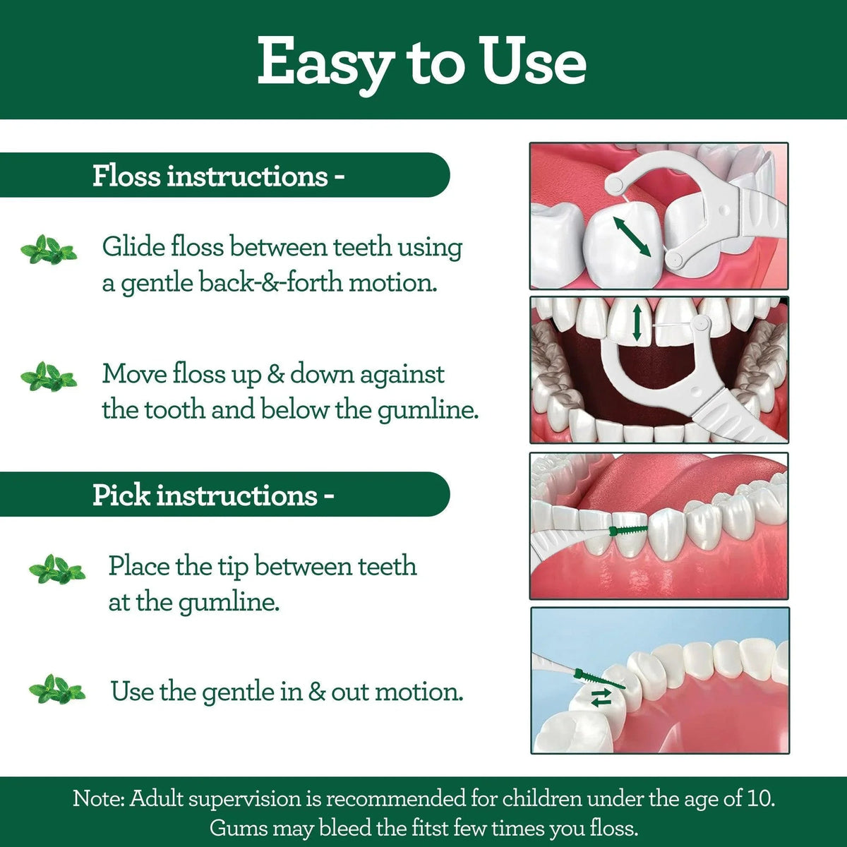 2-in-1 dental floss pick instructions panel with flossing and picking steps