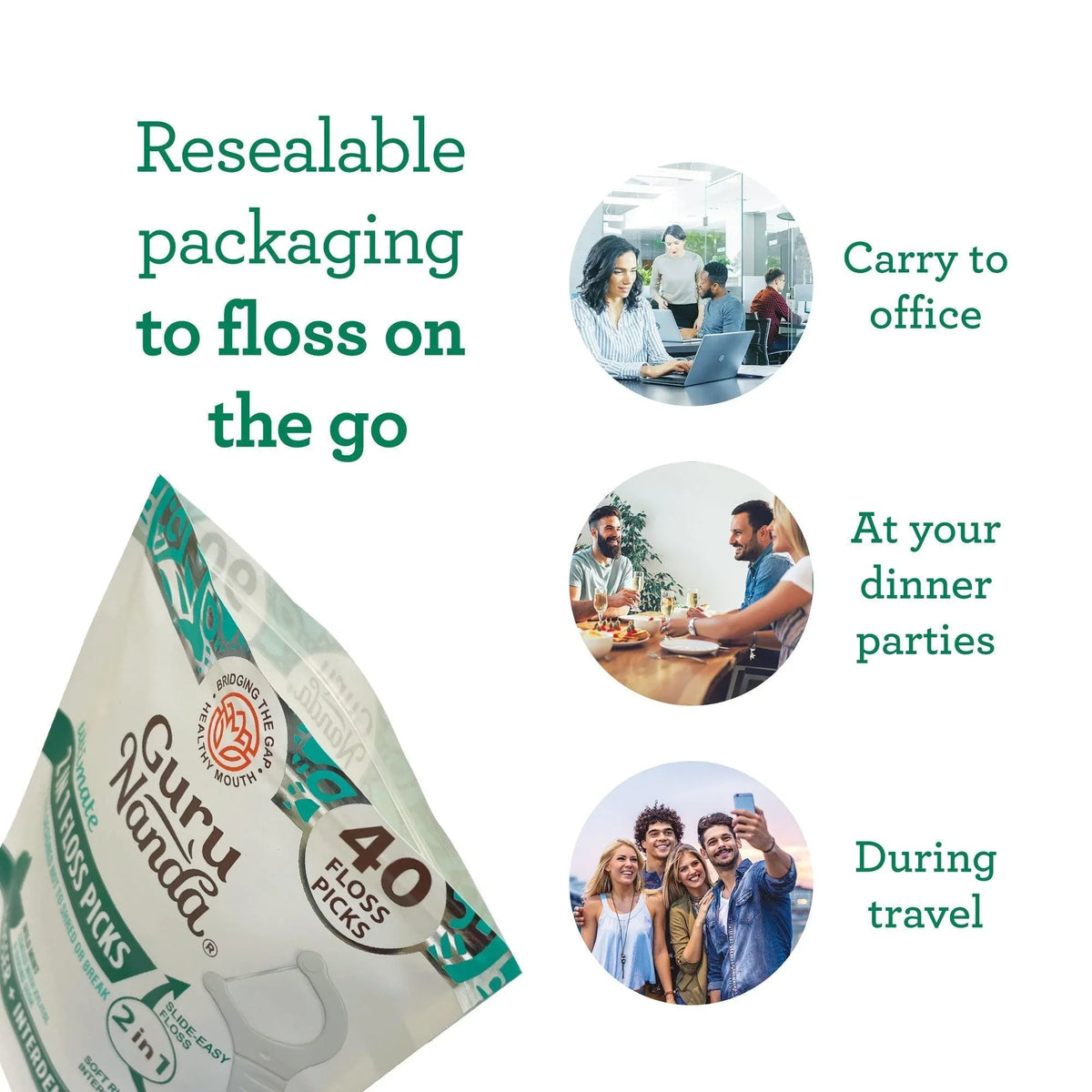2-in-1 dental floss picks resealable pouch with travel and on-the-go use icons
