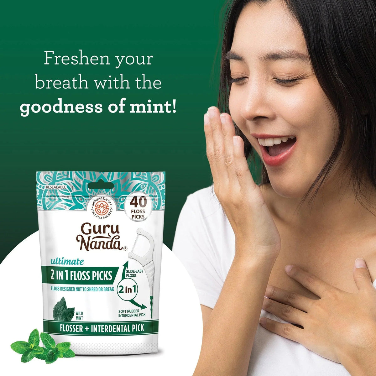 2-in-1 dental floss picks pouch with mint motif