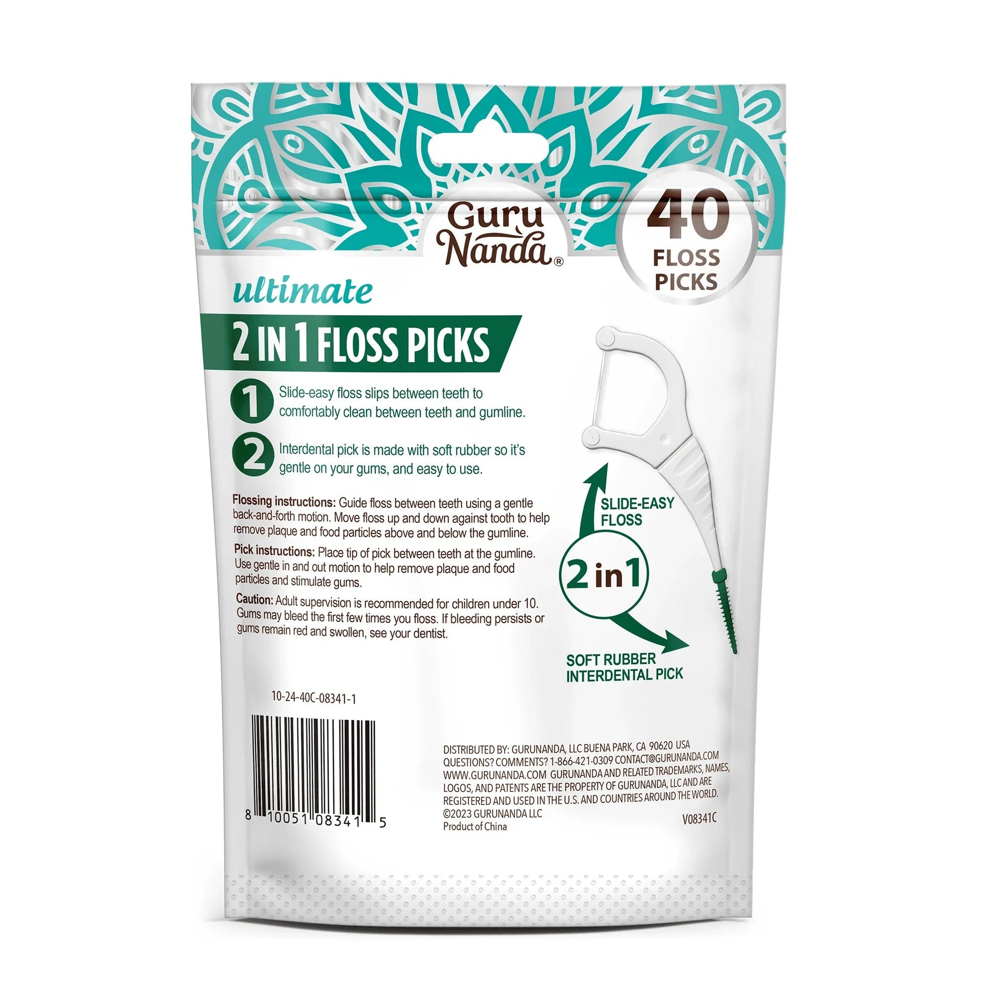 2-in-1 dental floss pick pouch back with 40 count details