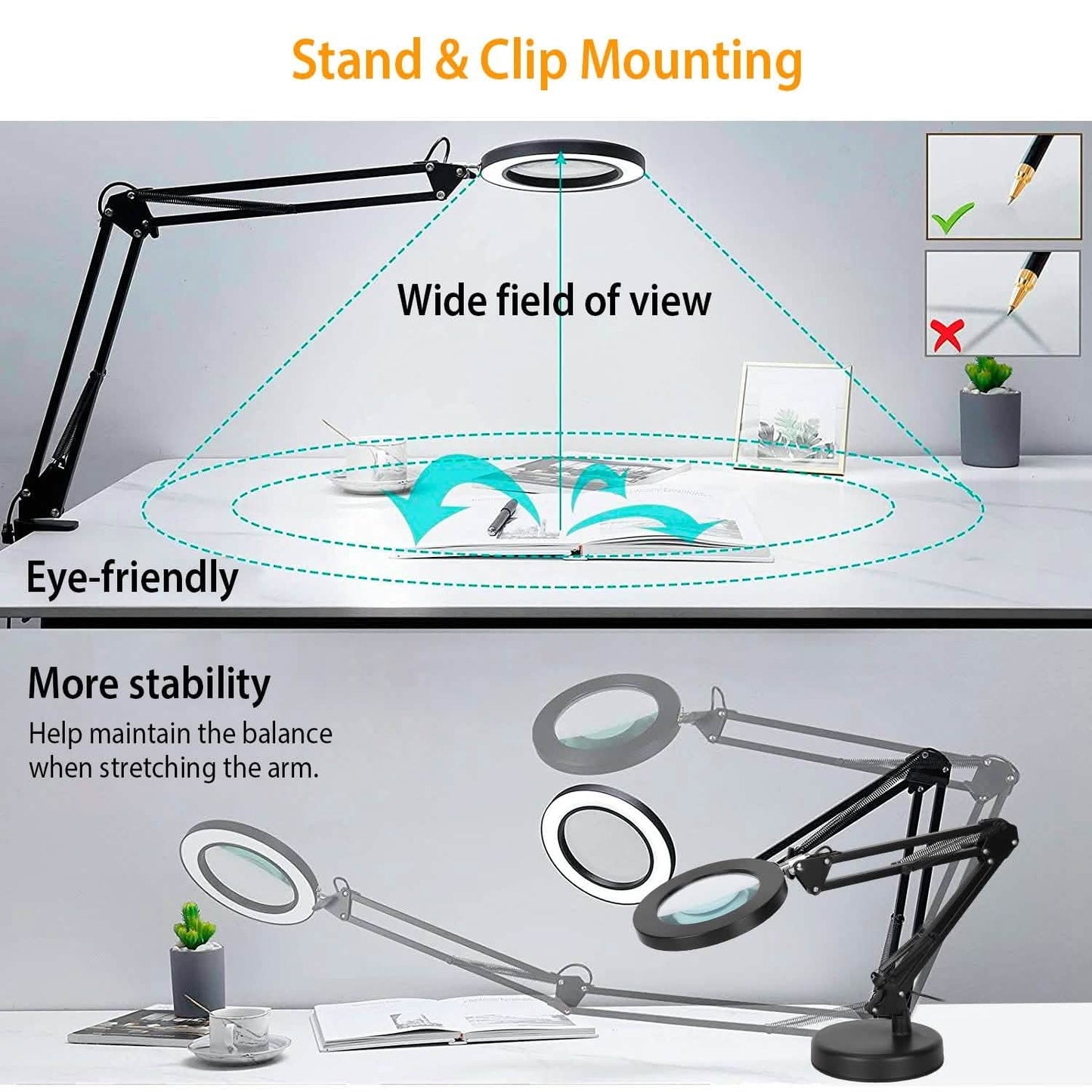 Black LED magnifier desk lamp showing wide viewing area over desk