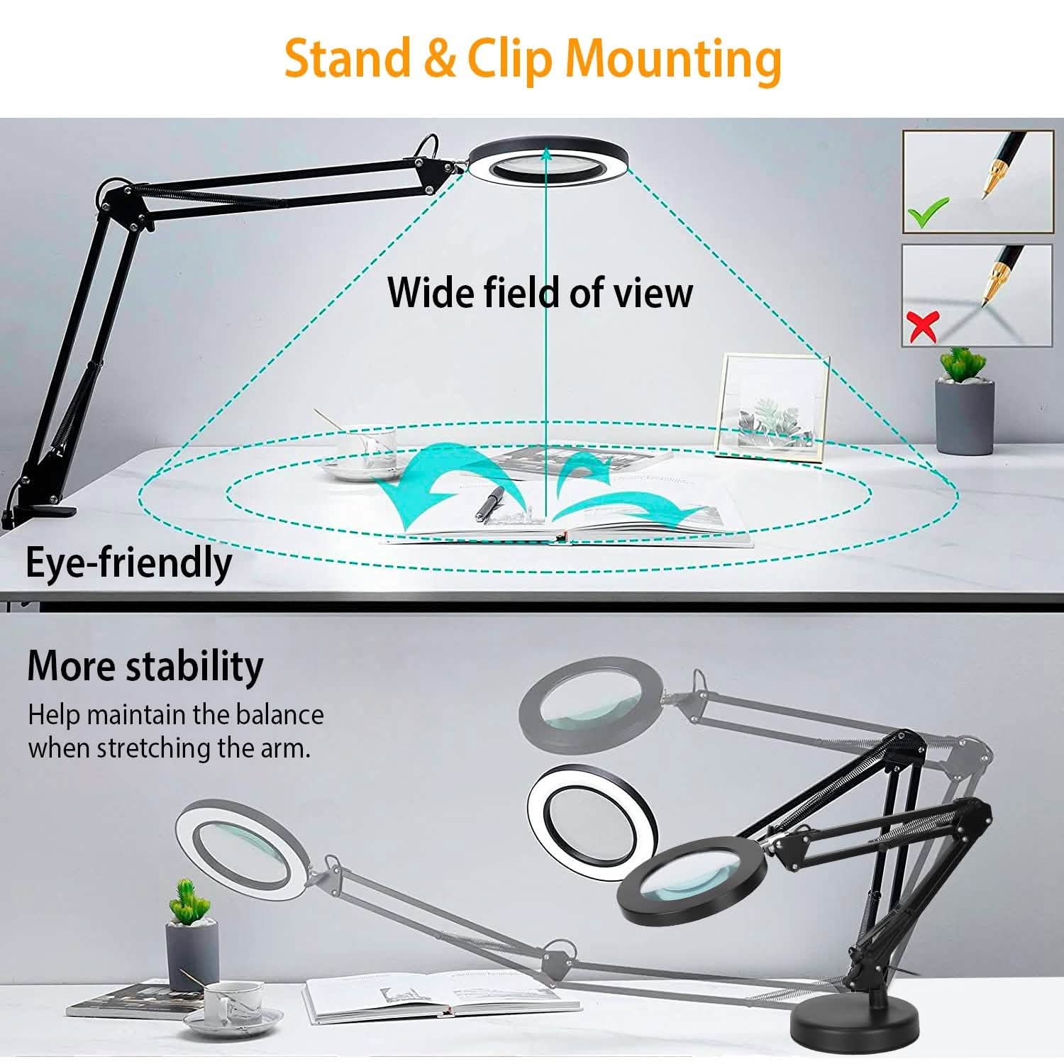 Black LED magnifier desk lamp showing wide viewing area over desk