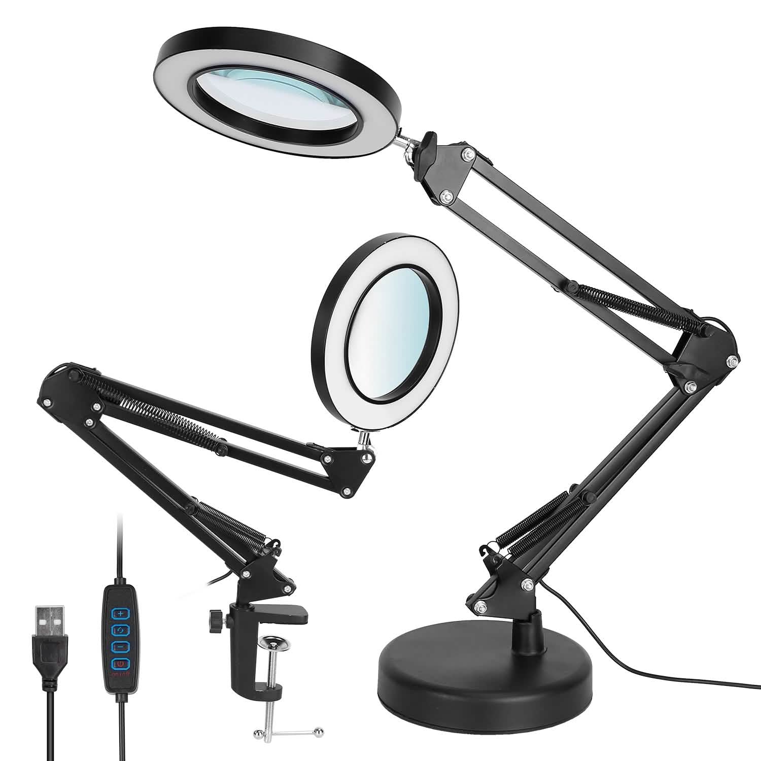 Black LED magnifier desk lamp with circular magnifier lens and adjustable arm stand