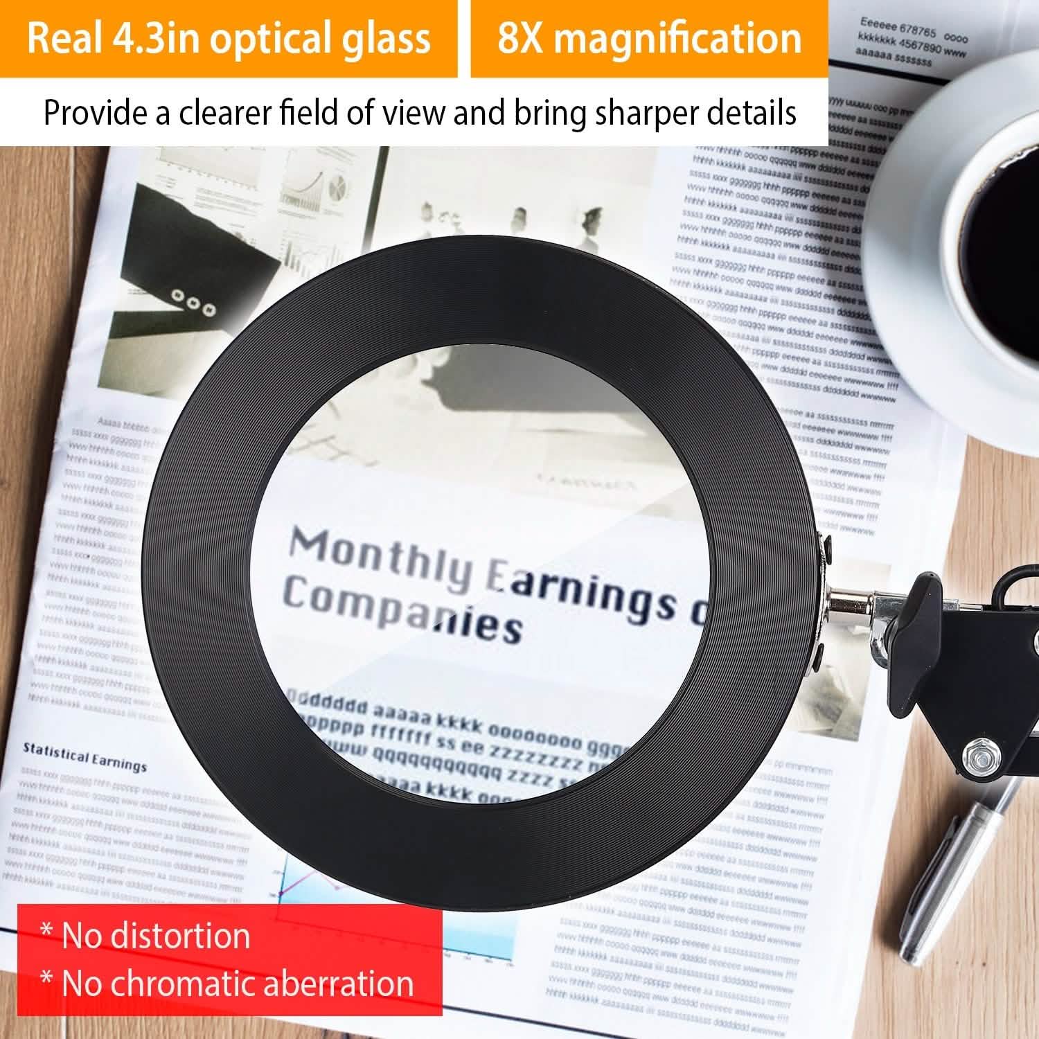 Black circular magnifying lens attachment for 2-in-1 LED desk lamp with clamp arm