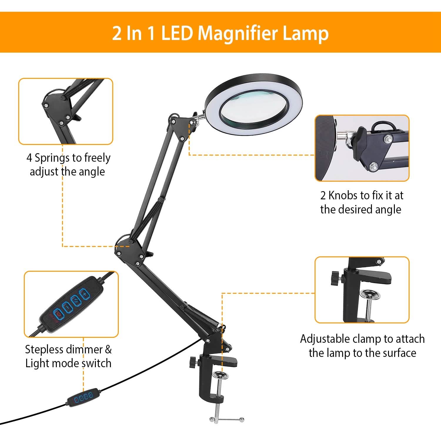 Black LED magnifier lamp with adjustable arm, clamp, and angled circular lens