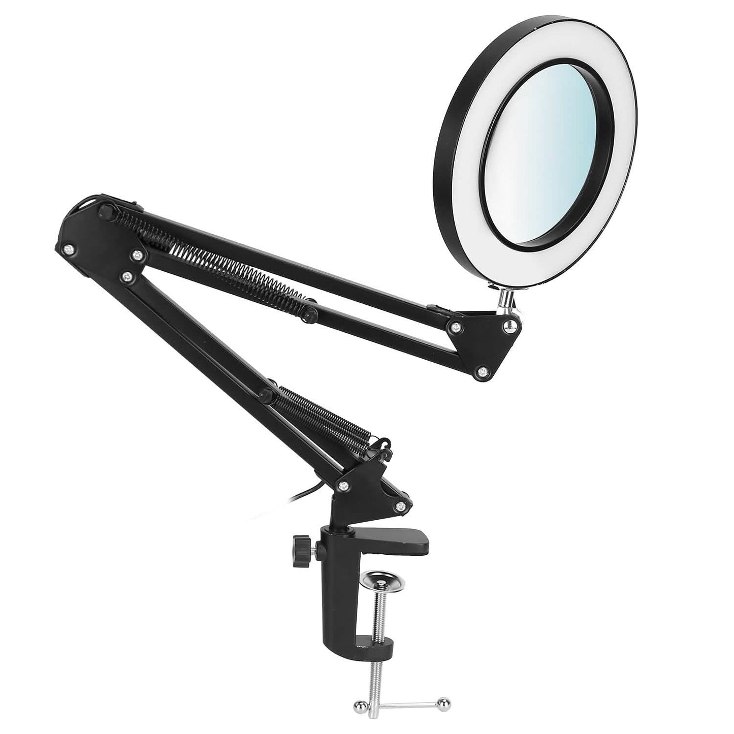 Black LED magnifier desk lamp with large circular lens and clamp-style base