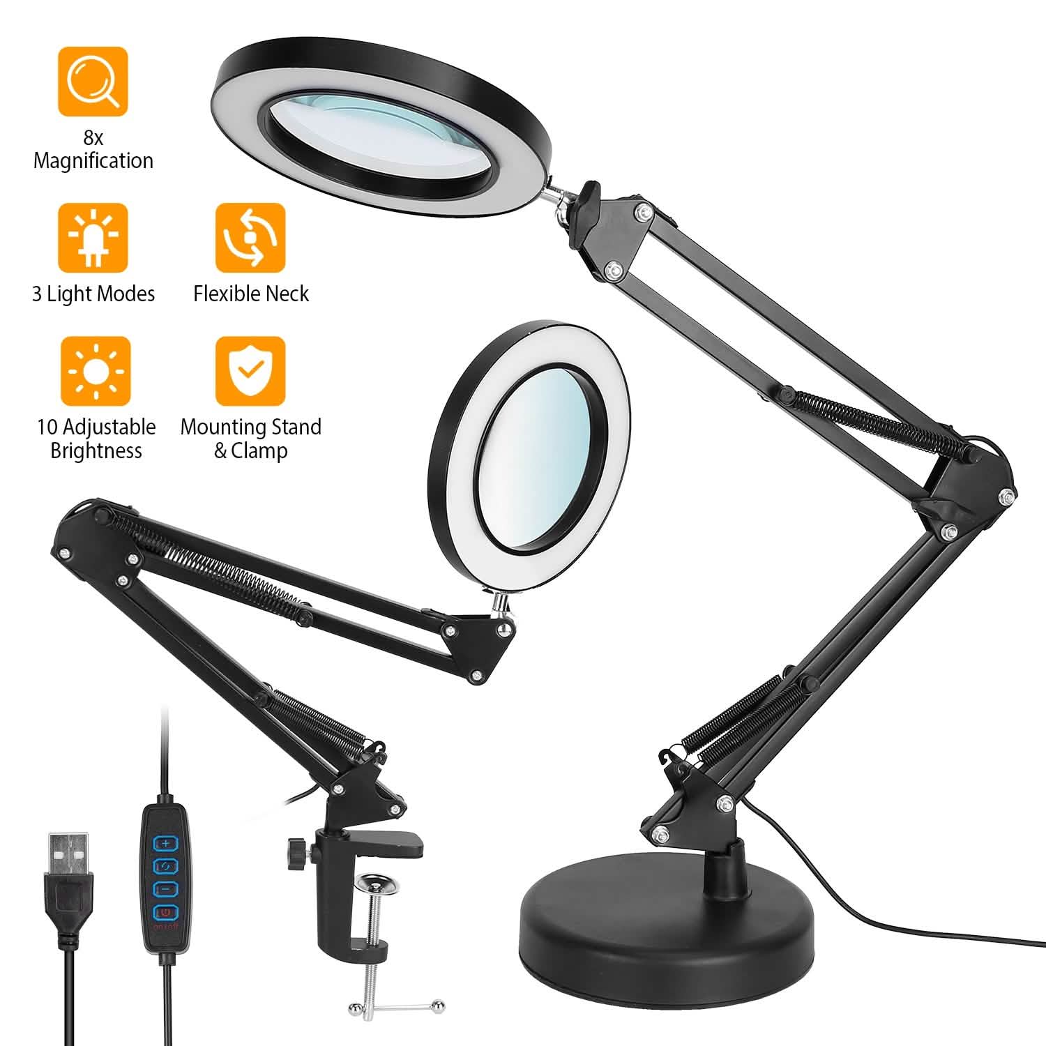 Black LED magnifier desk lamp with circular lighted lens and stable weighted base