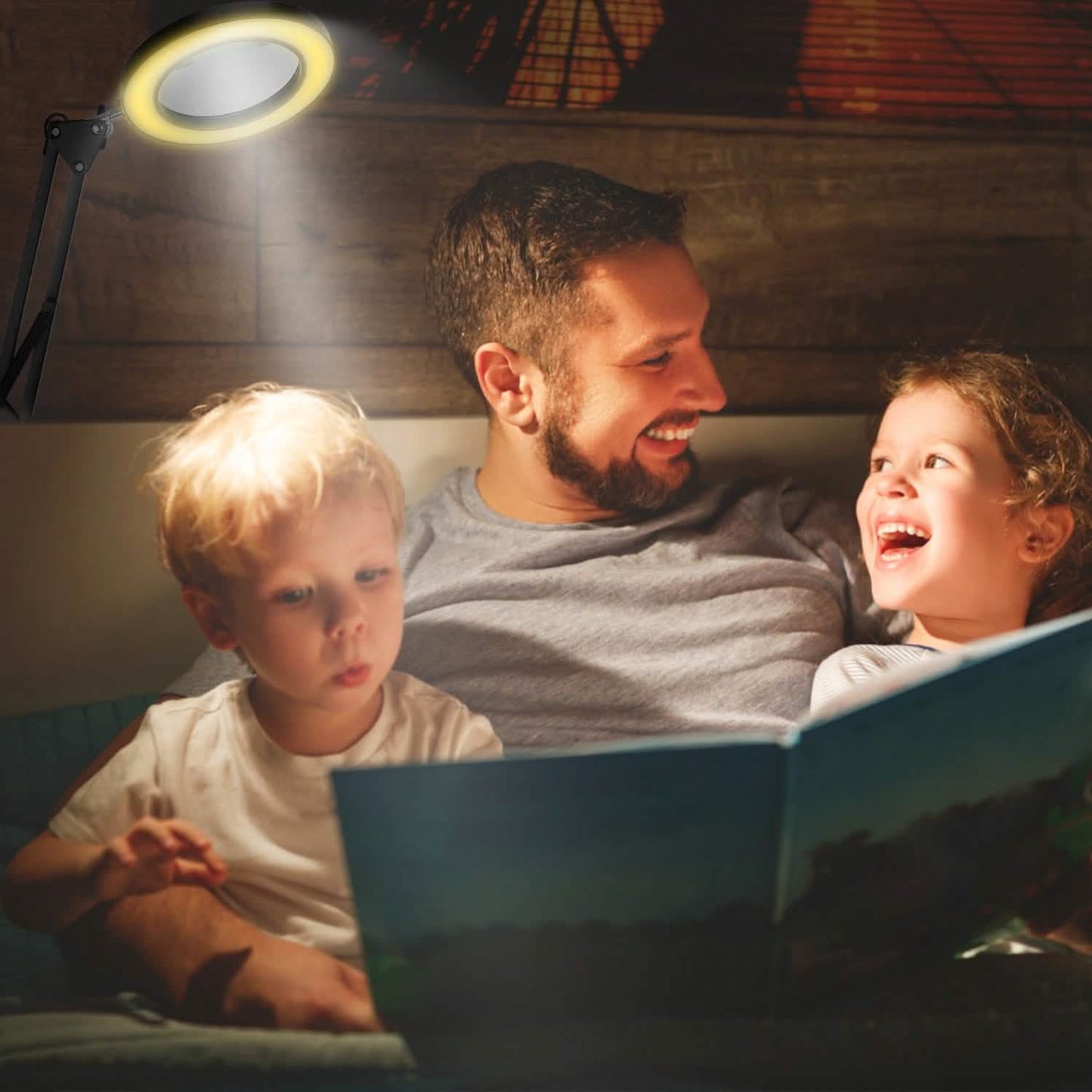 LED magnifier desk lamp on stand, warm light over an open book