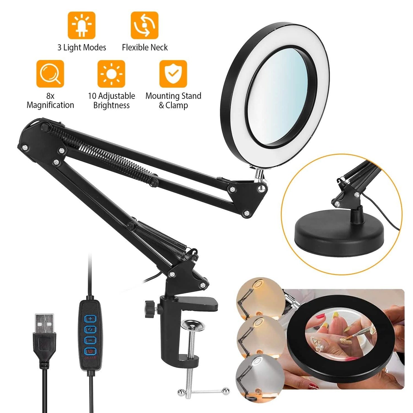 Black LED magnifier desk lamp with round lens over tabletop for close-up viewing