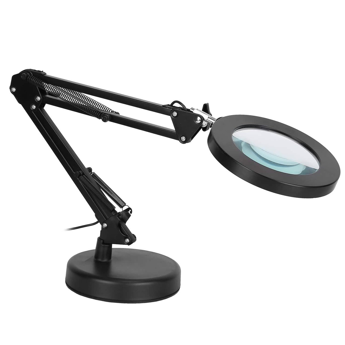 Black LED magnifier desk lamp with round lens on hinged extendable arm