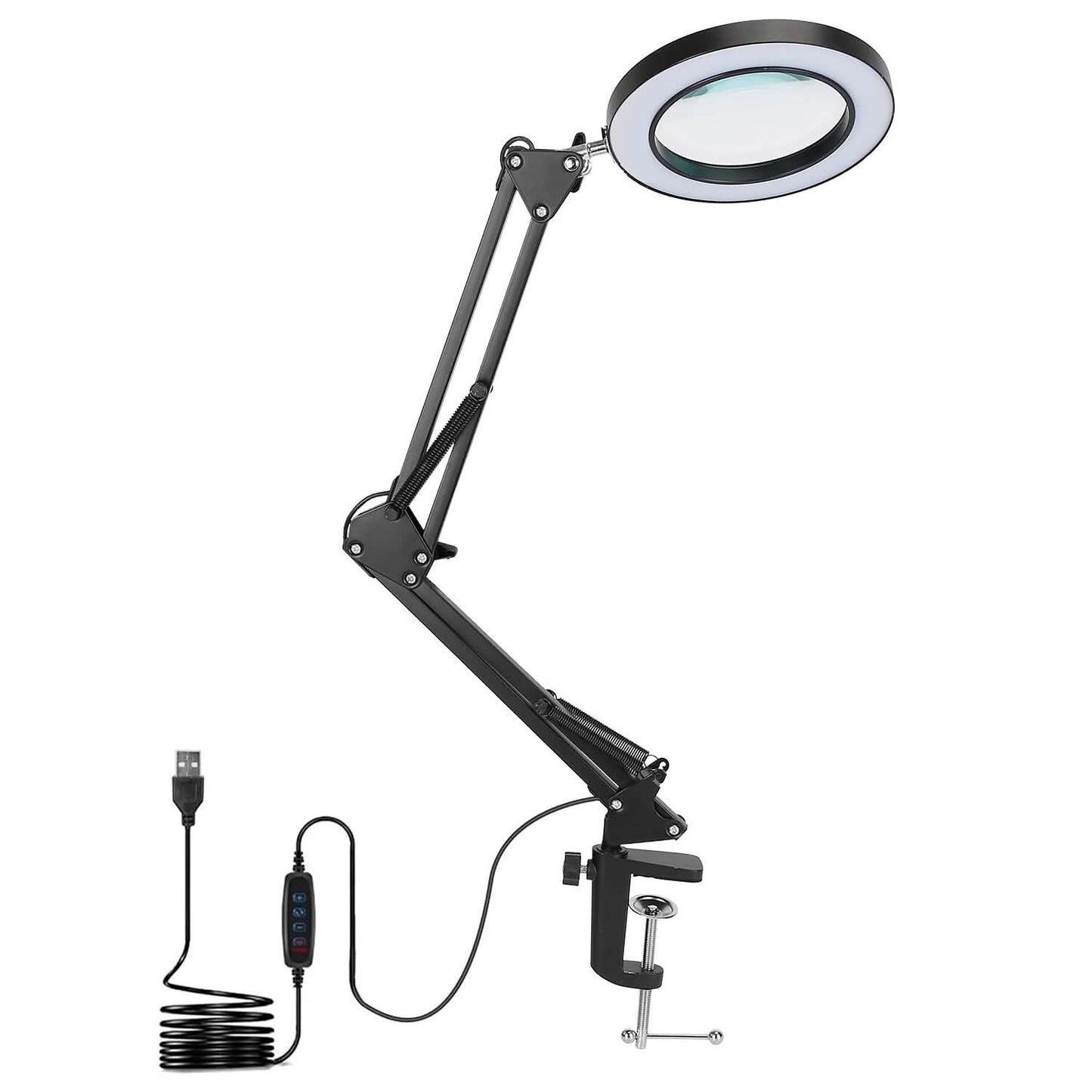 Black LED magnifier lamp with round lens on telescoping arm and small desk base
