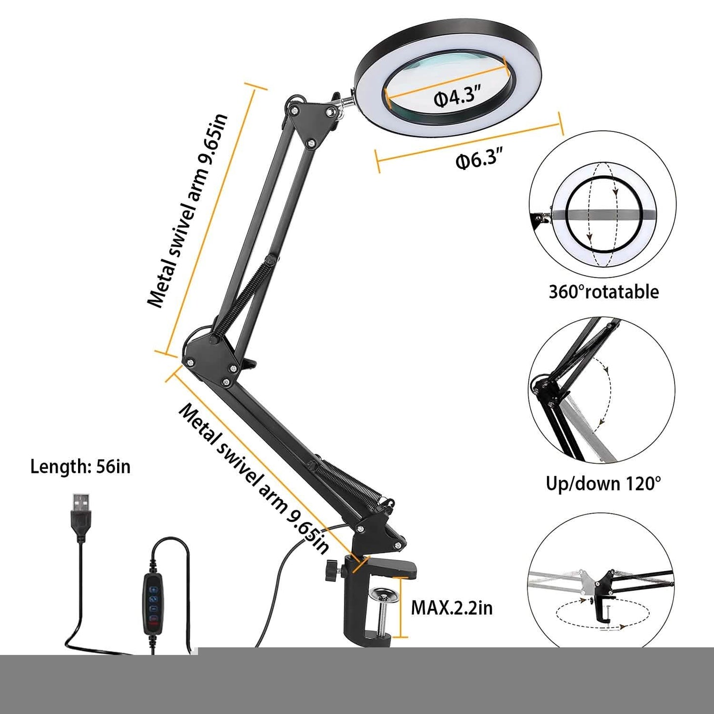 Black LED magnifier desk lamp with large circular lens and articulated metal arms