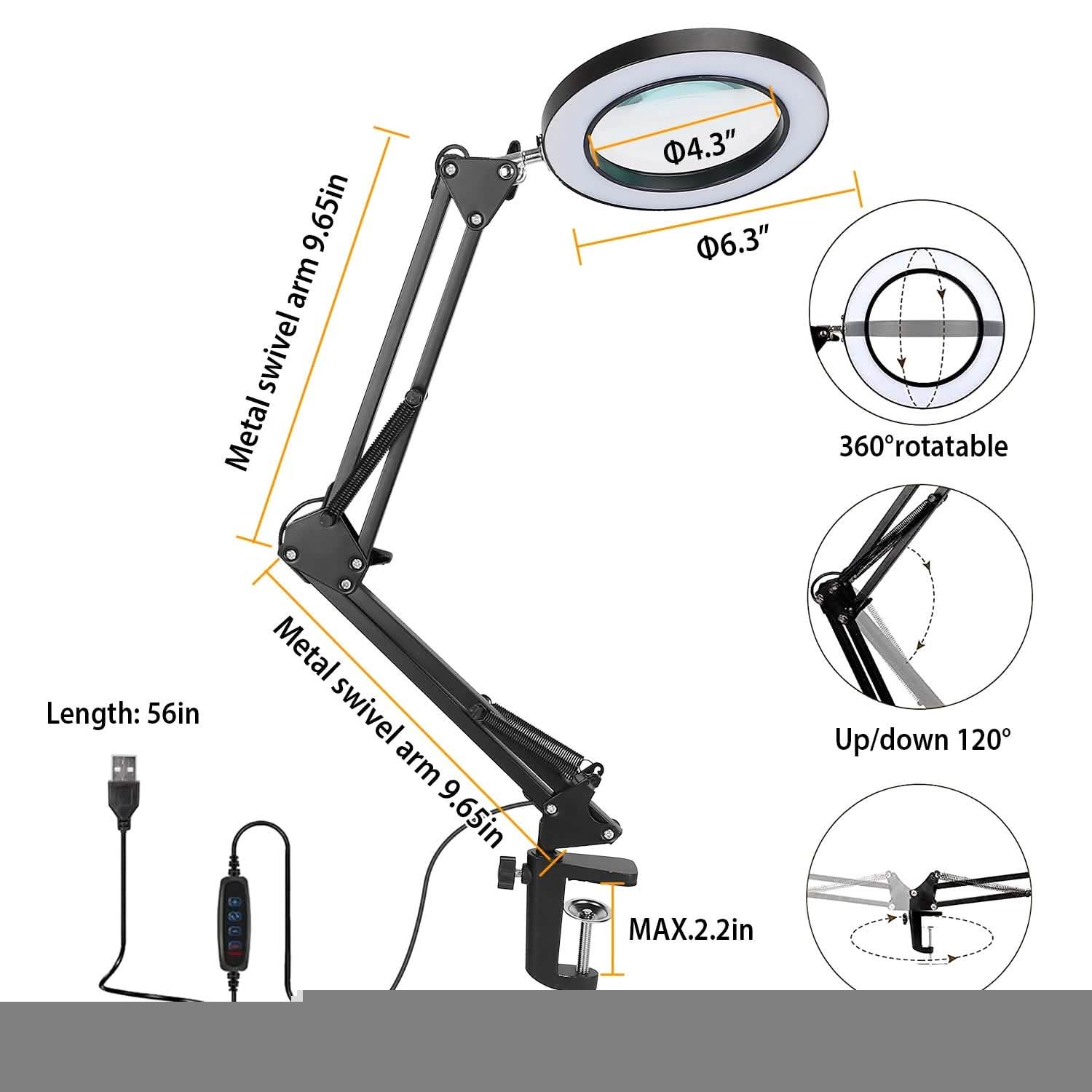 Black LED magnifier desk lamp with large circular lens and articulated metal arms