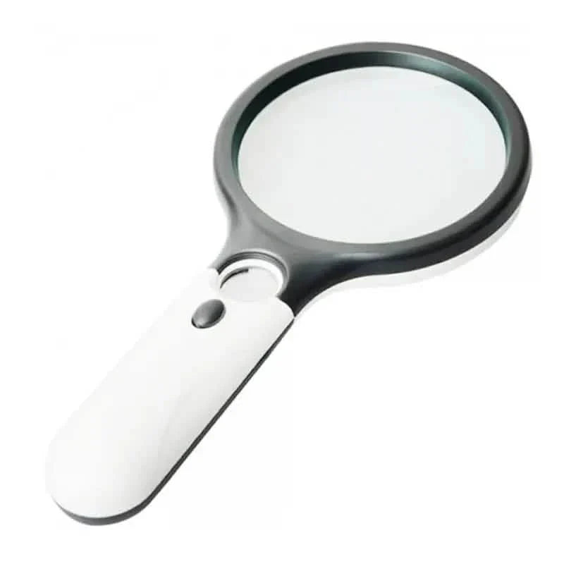 White-handled handheld magnifier with dark frame and circular lens